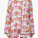 MBZJSDKHLK Women's Halloween Pajamas Set Silk Satin Pumpkin Print Long Sleeve Button Down Shirt 2 Piece Pjs Shorts Sets, L