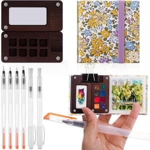 Qilery Mini Portable Watercolor Palette Set Wooden Grid Paint Box Watercolor Paper Sketch Book Brush Pens with Binder Clip for Painters Artist Not Include Paint(Winter Jasmine)