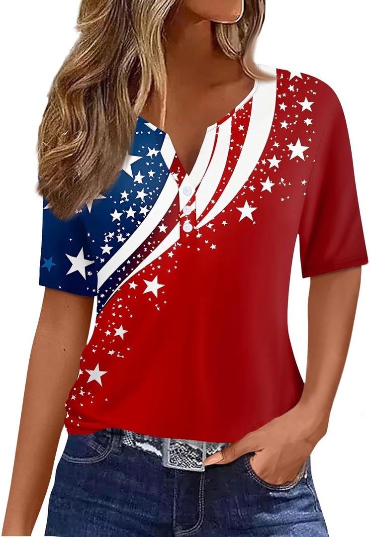 Womens Graphic Tees Halloween and 4Th of July Henley V Neck 2025 Shirts Pumpkin Button Short Sleeve Fall Shirt (3X-Large, 1-blue)