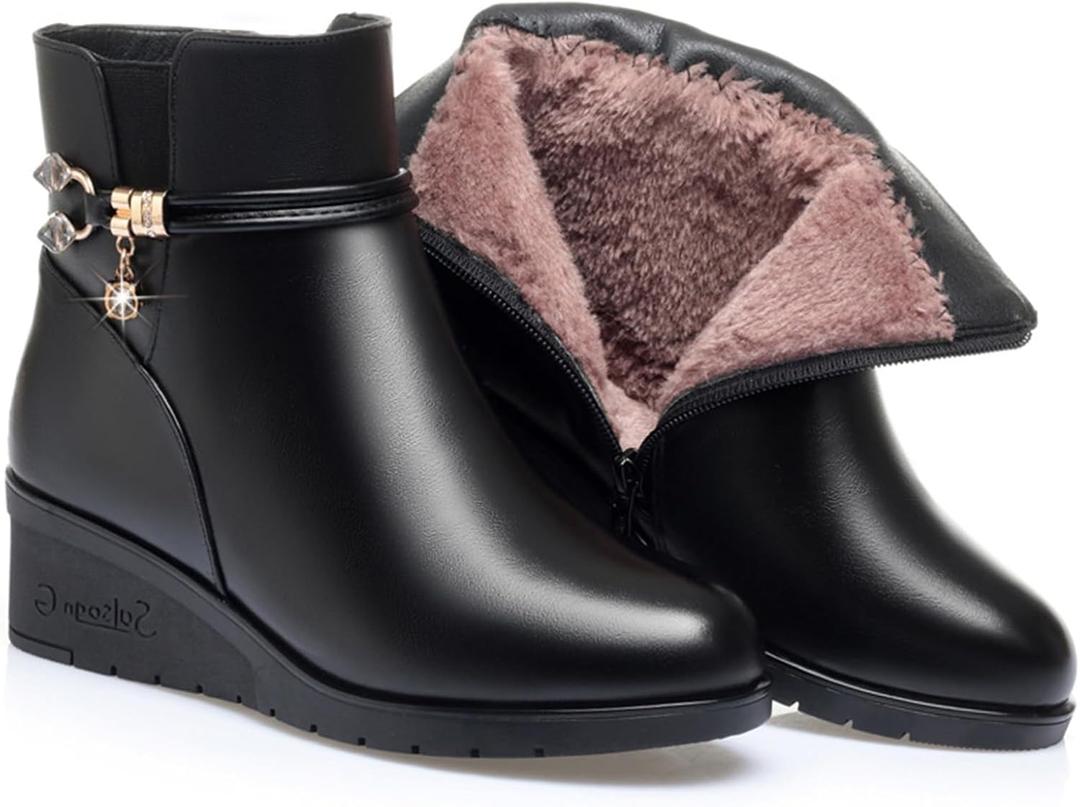 Women's Black Wedge Heel Ankle Booties Soft Leather Platform Side Zipper Sparkling Rhinestones Winter Warm Fur Lined Thickening Snow Boot (10)