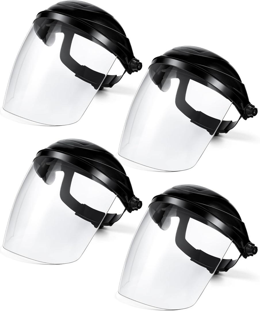 Tellegloww 4 Pcs Clear Safety Face Shield for Grinding & Cutting, Lightweight Full Impact Resistant with Adjustable Ratcheting Headgear Face Shield Mask for Work Chemical Woodworking Industrial, Black