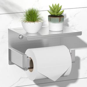 HITSLAM Brushed Nickel Toilet Paper Holder, Stick on Silver Toilet Paper Holder with Shelf, Self Adhesive No Drill or Wall-Mount with Screws for Bathroom (Medium, Brushed Stainless Steel)