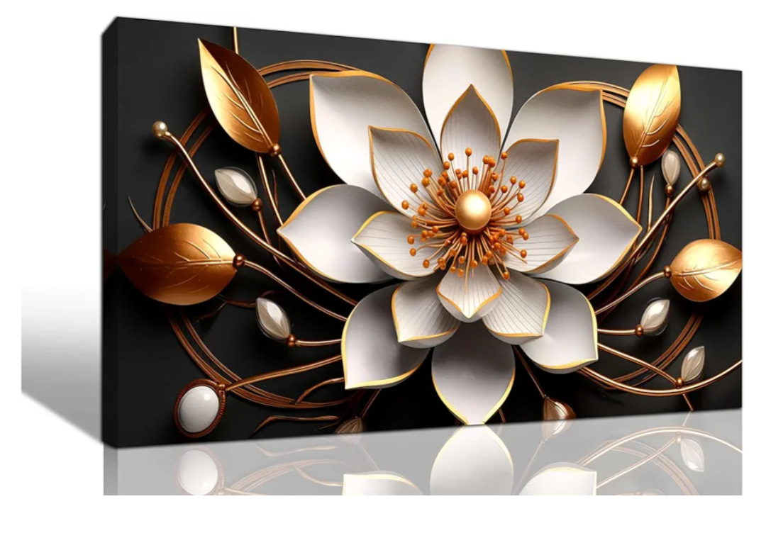 Large Canvas Wall Art Gold and White Flower Picture Wall Decor for Living Room Office Bedroom Decor Wall Painting framed wall art Modern Artwork Decorative Painting Wall Art Ready to Hang 20x40 IN