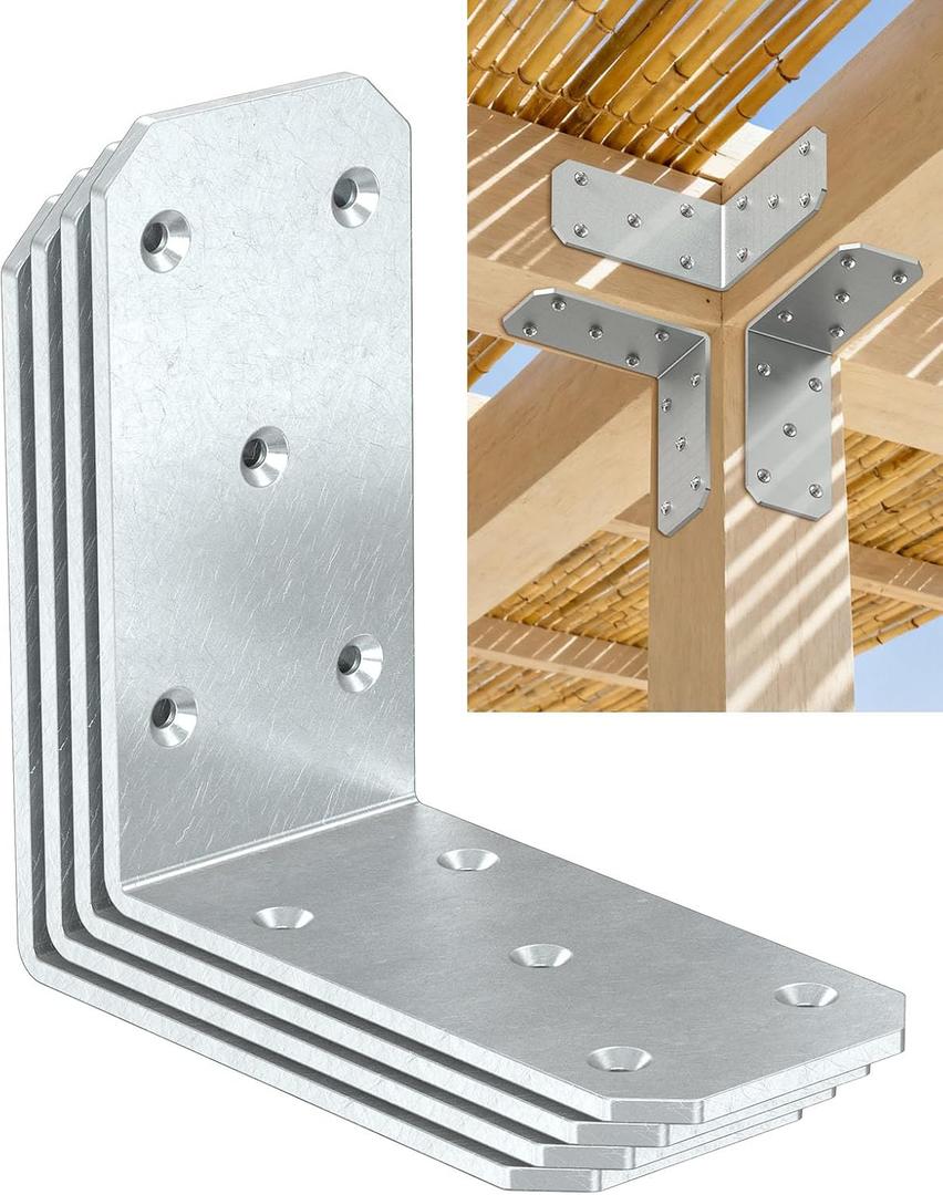 Heavy Duty L Brackets 4-Pack, 5x5x2.5 Inch 300lb Capacity Durable Steel Corner Braces, 90 Degree Angle Brackets for Wood, Shelves, Pergola, Deck, Fence, Furniture (Galvanized-4PCS)