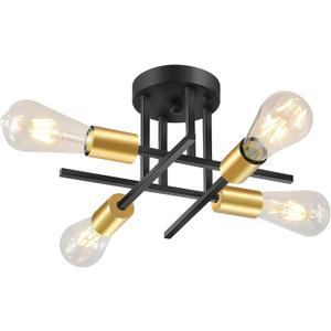 EGM 4-Light Modern Semi Flush Ceiling Light Fixture, Black & Gold Bedroom Light Fixture with E26 Bulb Base, Close to Ceiling Lights for Living Room Farmhouse Kitchen Dining Room (1 Pack)