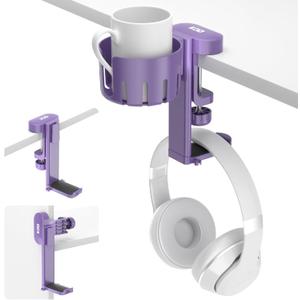 KDD 2 in 1 Headphone Hanger with Desk Cup Holder - Under Desk Clamp Rotatable Headset Holder - Suitable for Coffee Mups, Water Cups, Headphone(Purple)