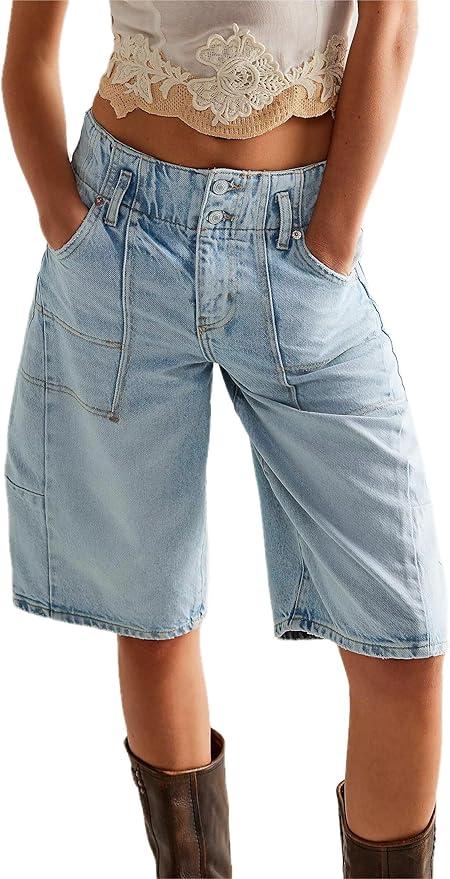 LifeShe Women's Denim Long Shorts Casual Baggy Bermuda Low Waist Summer Barrel Short Jean Pants, Medium