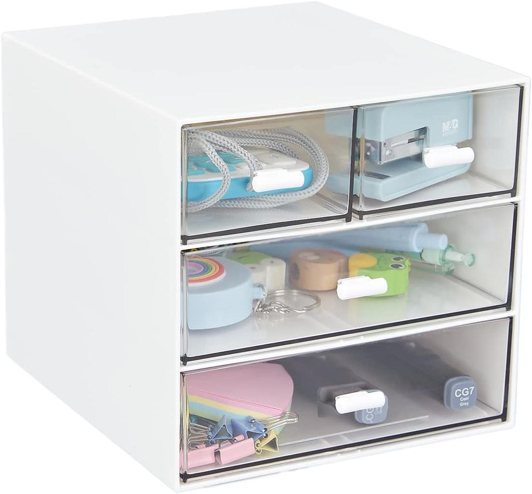 Desk Organizer with 4 Drawers, Clear Plastic Desk Storage Box, Desktop Organization for Office Supplies, Gel Pens, Pencils, Markers, Tape, Erasers, Paperclips, Chargers (White-4 Draws)