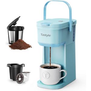 Tastyle Single Serve One Cup Coffee Maker, for K Cups and Grounds, Mini Coffee Maker with Portable Handle, 6 to 12 Oz Brew Size, for Travel, Camping, Office, RV and Dorm, 120V, Aqua