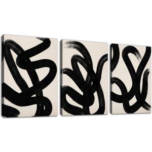 arteWOODS Wall Art Canvas Set Abstract Lines Pictures Modern Mid Century Boho Wall Decor Minimalist Abstract Black Stroke Lines Canvas Painting Artwork Living Room Bedroom Home Office 12"x16"x3
