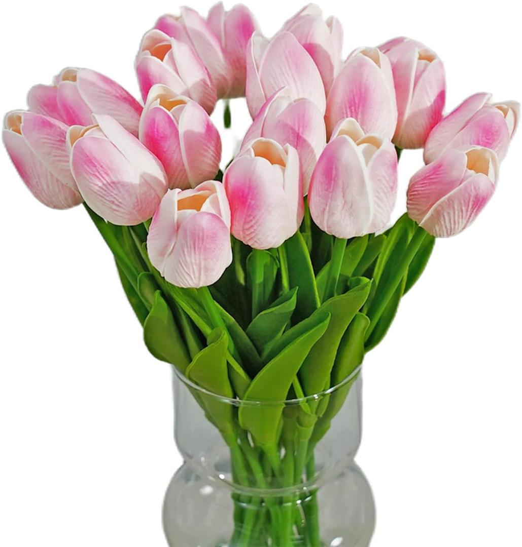 20pcs Pink Faux Tulips Flowers Fake Flowers Bouquets 13.5" Mother's Day Easter ValentineS Day Gifts in Home Kitchen Wedding Dining Table Decorations Aesthetic No Odor