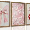 Pink Bow Canvas Wall Art Set of 3 Framed Preppy Girly Wall Decor with Cute Bows & Cherries Vintage Pink Aesthetic Artwork for Bedroom Bathroom Dorm, Natural Wood Frame 12x16