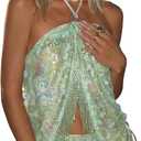 MakeMeChic Women's Sequin Sparkly Halter Crop Tops Fringe Open Back Split Summer Party Top (Green, S)