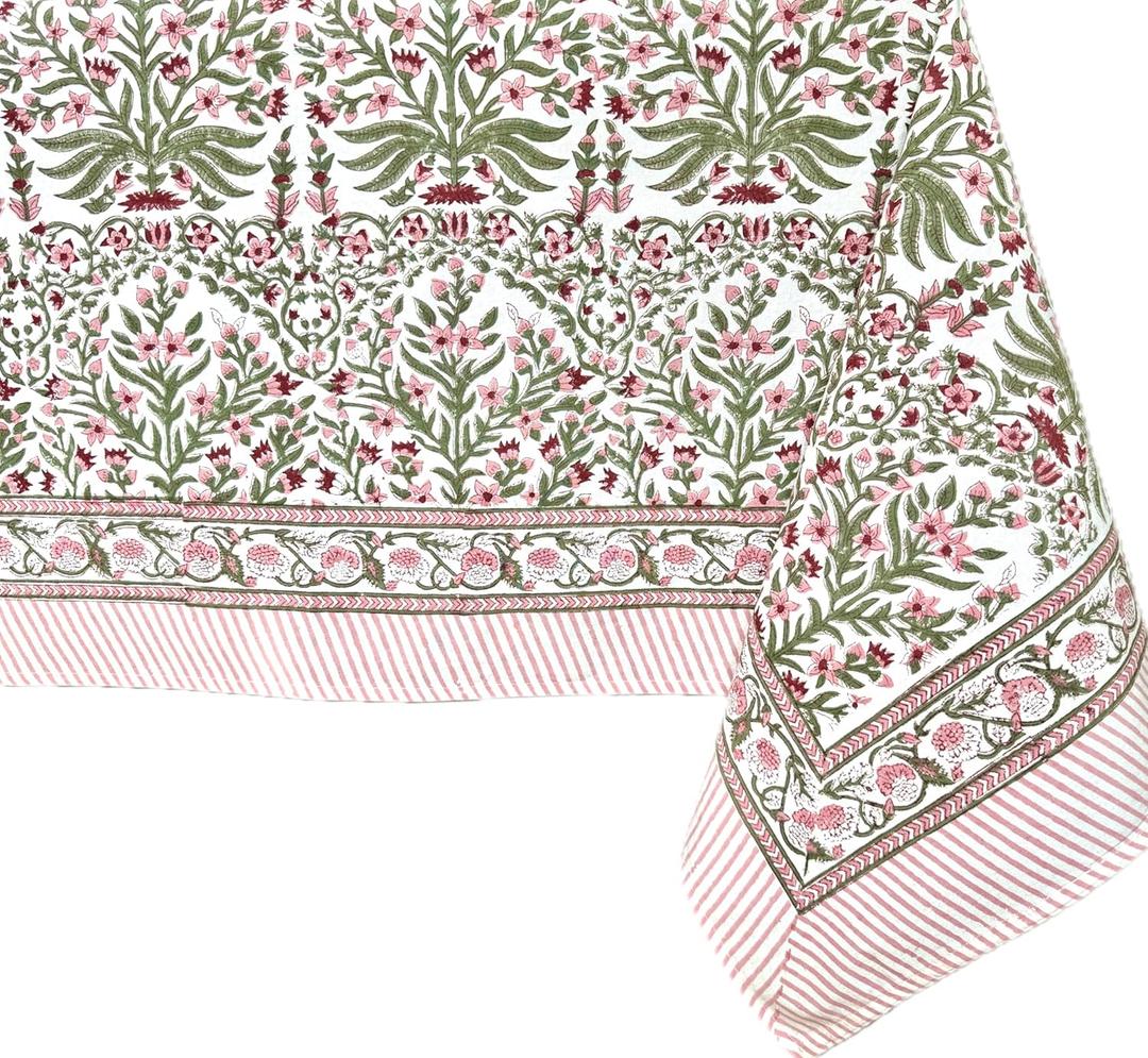 ATOSII Nargis Pink 100% Cotton Rectangle Boho Spring Tablecloth, Handblock Floral Table Cloth Linen for Kitchen Dining I Parties Wedding Outdoors Easter Holidays Home Decor 60 X 90 Inches I 6 Seater