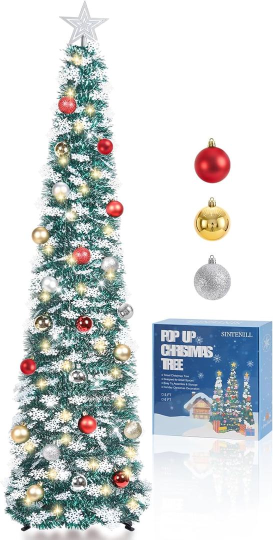 5 FT Pop Up Christmas Tree with Timer Lights and Decorations, Green Tinsel Artificial Christmas Tree with 24 Balls Ornaments, Collapsible Pencil Tree for Xmas Home Office Party Decor