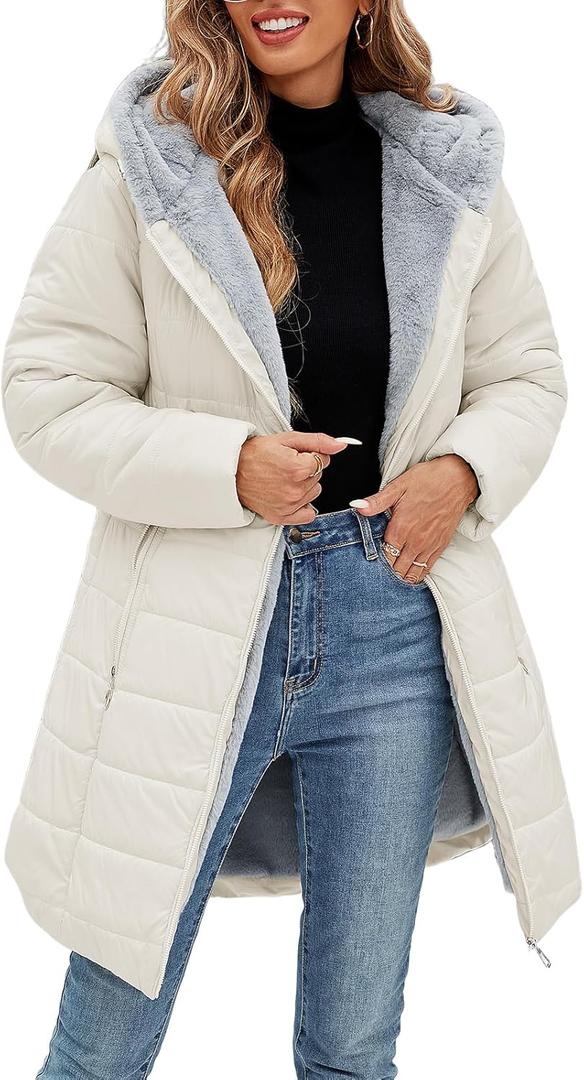 Women's Puffer Coat Winter Long Quilted Jacket Zip Up Fleece Lined Down Jacket Windproof Warm Thicken Hooded Parka Coat (XX-Large, Beige)