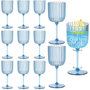 12 PCS Plastic Ribbed Wine Glasses 11oz Blue Detachable Wine Goblet Unbreakable Vintage Ripple Water Goblets Cocktail Drinking Cups for Parties Weddings Poolside Outdoors