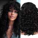 Curly Wigs with Bangs Long Glueless Synthetic Wig 22 inch Black Curly Wig for Black Women and White Women Heat Resistant (Black, Medium)