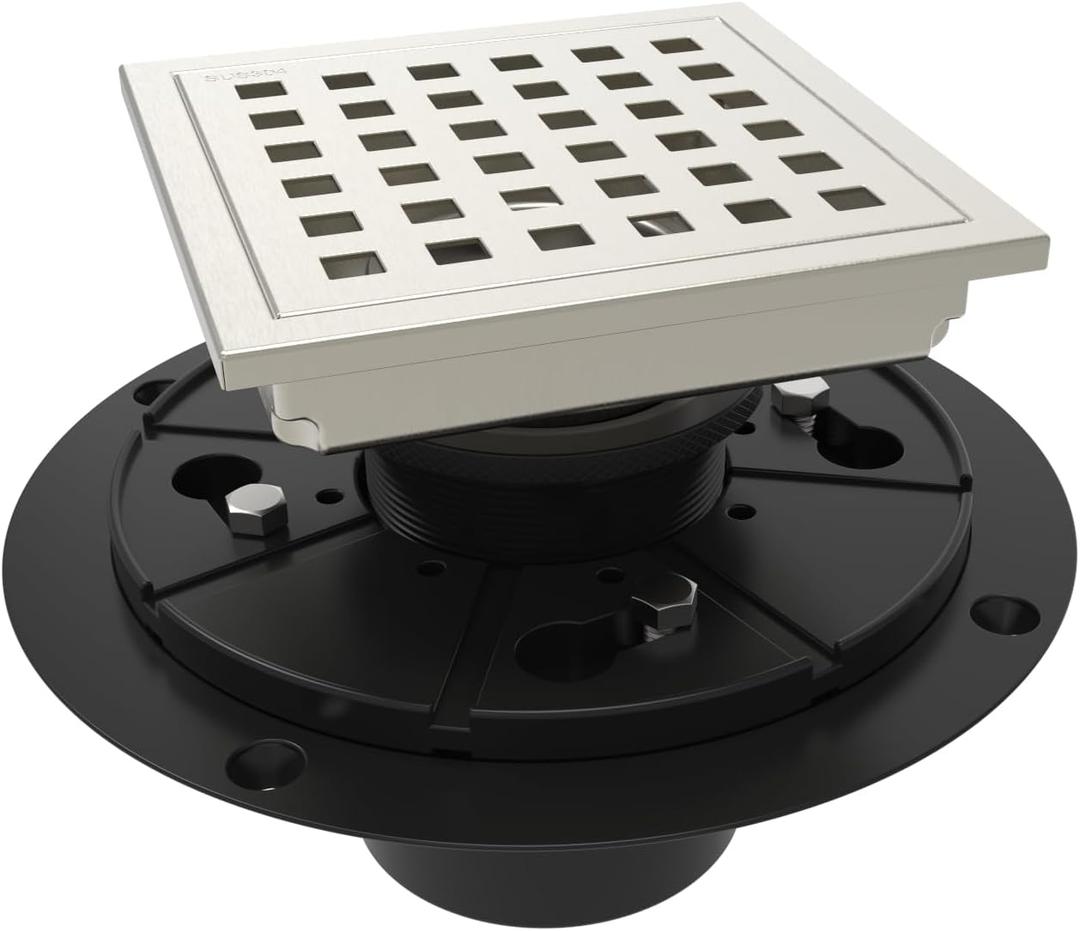 4 Inch Square Shower Floor Drain with Flange,Quadrato Pattern Grate Removable,Food-Grade SUS 304 Stainless Steel,Watermark&CUPC Certified,Brushed Nickel