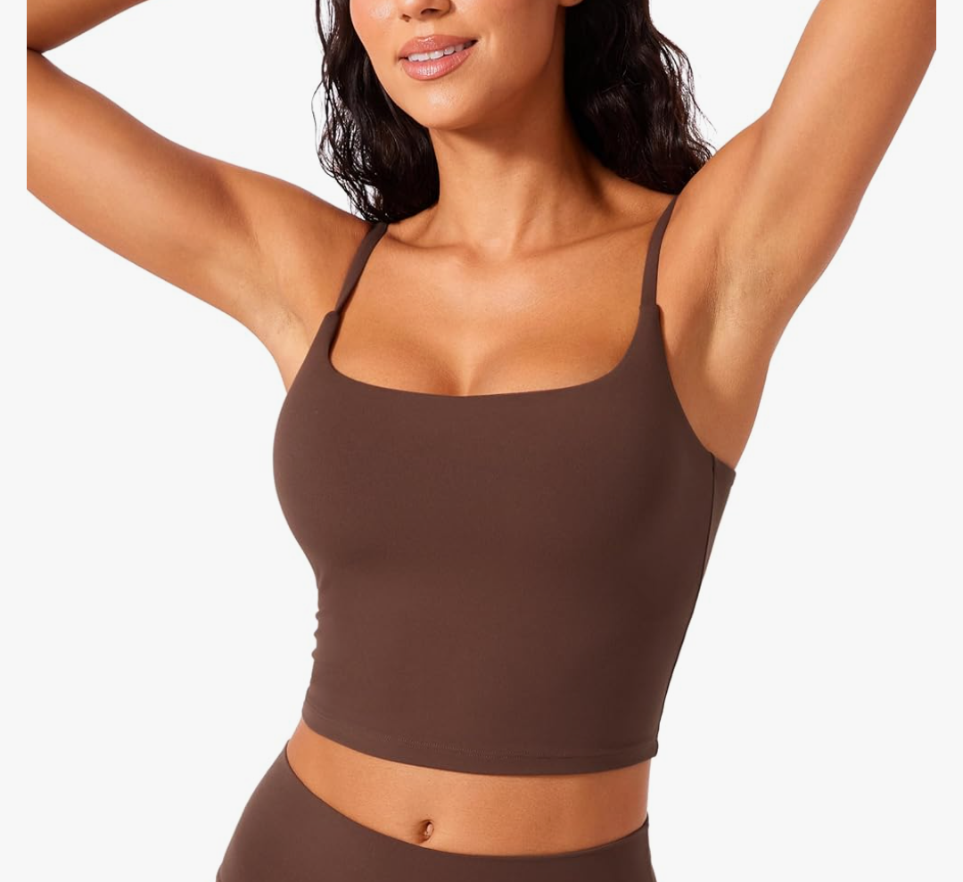 CRZ YOGA Butterlift Womens Scoop Neck Longline Sports Bra - U Back Adjustable Straps Workout Crop Tank Top with Built in Pads S, Brown