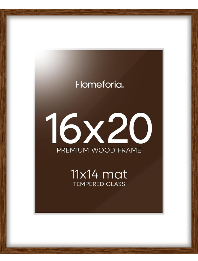 Homeforia 16x20 Picture Walnut Frame, High End Dark Oak 16x20 Wooden Brown Frames with Mat 11x14, 16 x 20 Wood Poster Frame Matted to 11 by 14, 20x16 Hanging Frames, Tempered Glass, Wall Kit, Set of 3