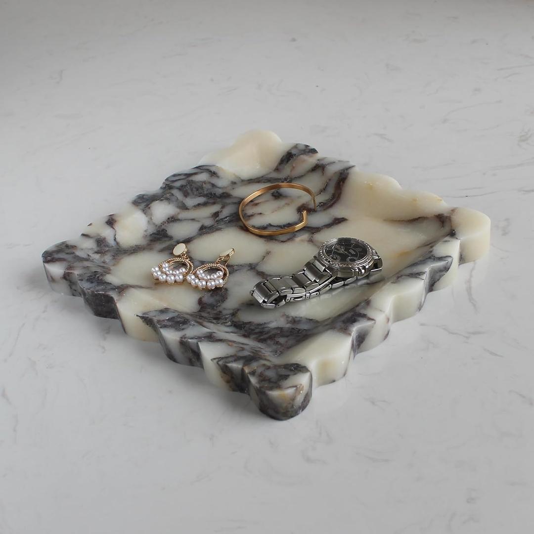 Natural Calacatta Viola Marble Tray with Scalloped Edge, Luxury Handmade Square Decorative Tray, Catch All Tray for Counter, Dresser, Nightstand and Home Dcor - Calacatta Viola