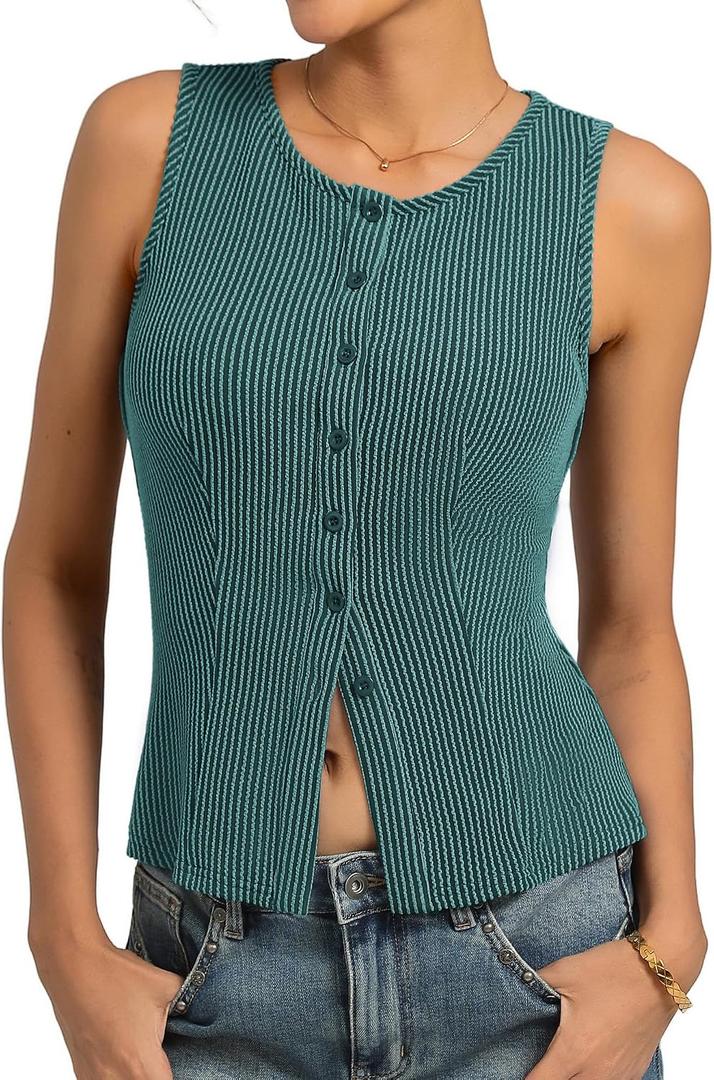 Kate Kasin Women Summer Going Out Tank Tops Y2K, Button Up Sleeveless Top, Ribbed Knit Sweater Vest Trendy (L)