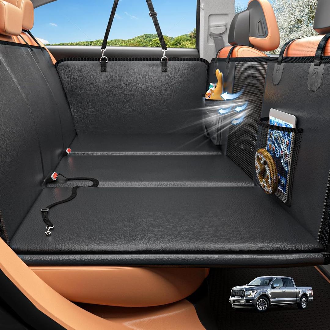 HOB4U Back Seat Extender for Dogs, Hard Bottom Dog Car Seat Cover for Truck Back Seat, Upgraded PU Leather Dog Hammock for Car, Waterproof, Anti Scratch, Larger Space,Holds 400lbs
