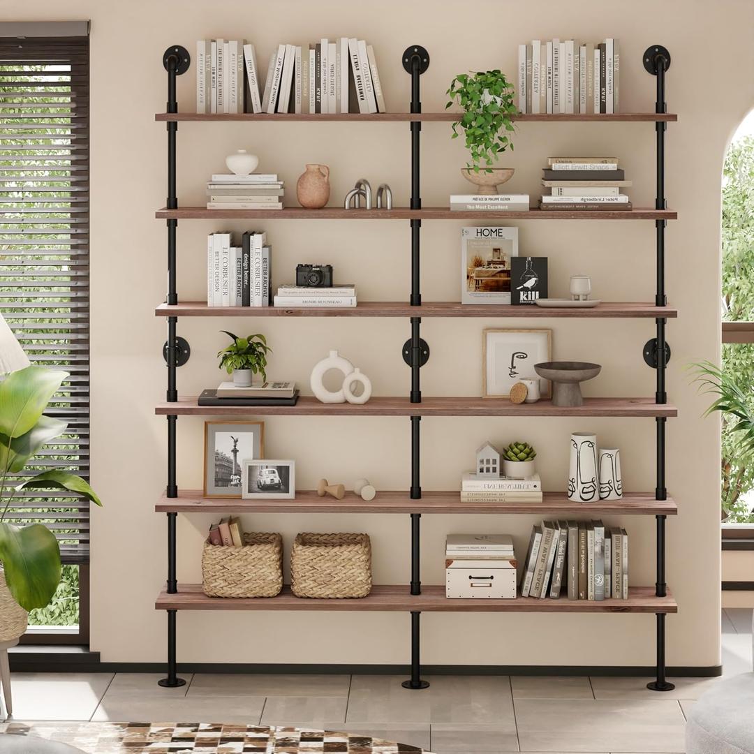 Industrial Pipe Bookshelf, Wall Mounted Shelf, 70 Inch, Weathered Brown