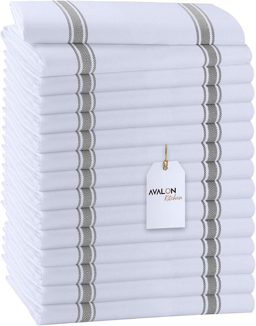 Avalon Kitchen Dish Towels Set (Value Pack of 15) Size 15x25 Inch, 100% Cotton Soft & Absorbent Kitchen Towels, Tea Towels, Reusable Cleaning Cloths for Household Cleaning (Grey)
