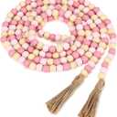Valentine’s Day Wood Bead Garland Decor, 9.8FT Boho Farmhouse Wooden Beads with Tassels, Neutral Pink Rustic Beaded Garland for Mantel, Tiered Tray, Entryway Shelf(Pink)