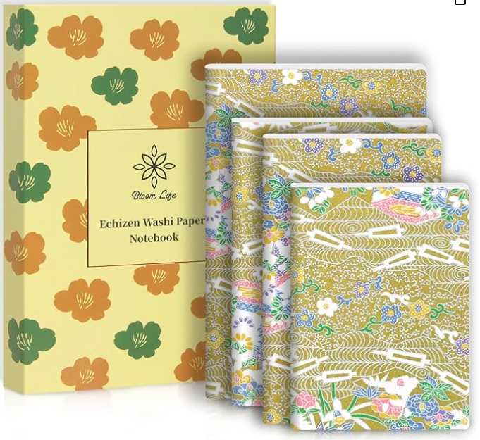 4-Pack Washi Journals,Blank Notebooks, 80g Paper, 60 Pages Each, Bookmark Included, Perfect Japanese Notebook,Gift Set,Durable Paper for Daily Use-4 Different Sizes (Gold river)