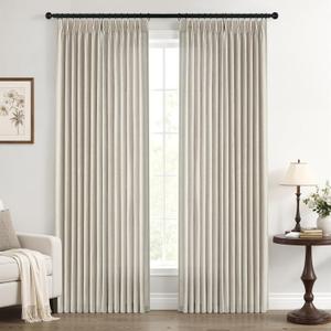 Rustic Oatmeal Pleated Linen Curtains 102 Inches Long for Living Room Bedroom 2 Panels Netural Boho Thick Textured Linen Back Tab Pinch Pleat Curtain Drapes Ceiling Floor Semi Sheer Sliding Door