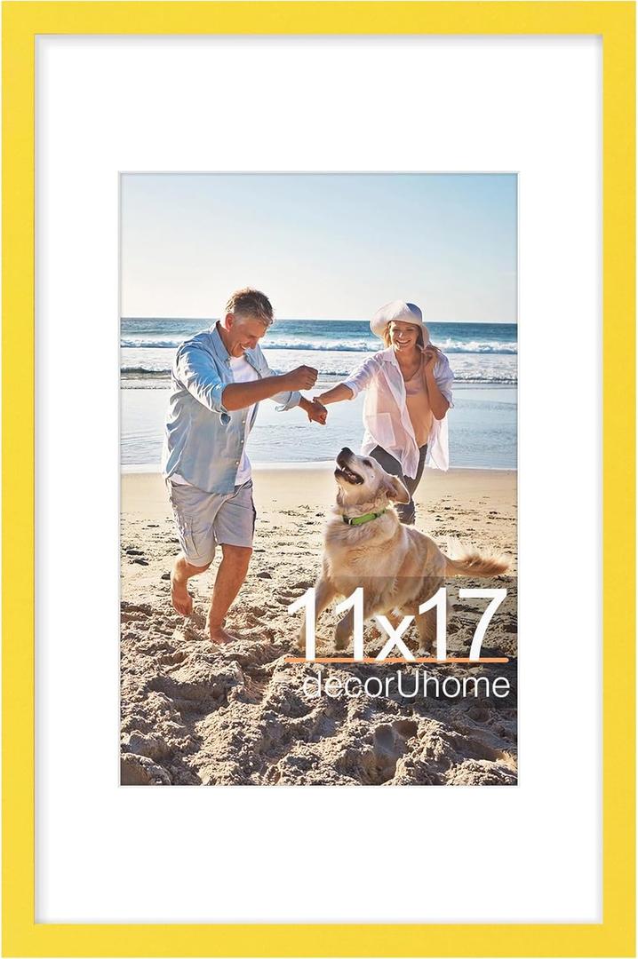 DecorUhome 11x17 Picture Frame, Display Pictures 8x12 with Mat or 11x17 without Mat, Wall Hanging Poster Frame, Yellow, 1 Pack