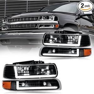 DimFlux LED DRL Headlight Assembly, Headlights Kit Compatible with 1999-2002 Chevy Silverado 1500 2500/2001-2002 Silverado 1500HD 2500HD 3500HD Replacement Headlamp Black Housing Amber Reflector