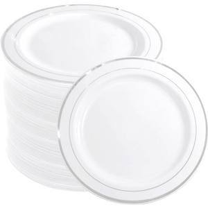 WELLIFE 144 Pieces Silver Plastic Dessert Plates, 7.5 inch Disposable Salad Plates, Premium White Appetizer Plates with Silver Rim, Ideal for Party, Wedding