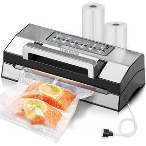 2025 Upgraded Precision Fast-Vacuum Sealer, LIWUNON Commercial Full Automatic Food Vacuum Sealer Machine, Double Heat Seal, Built-in Cutter&Bag Storage, Powerful Food Vacuum Saver, 2 Bag Rolls&hose (Stainless steel)