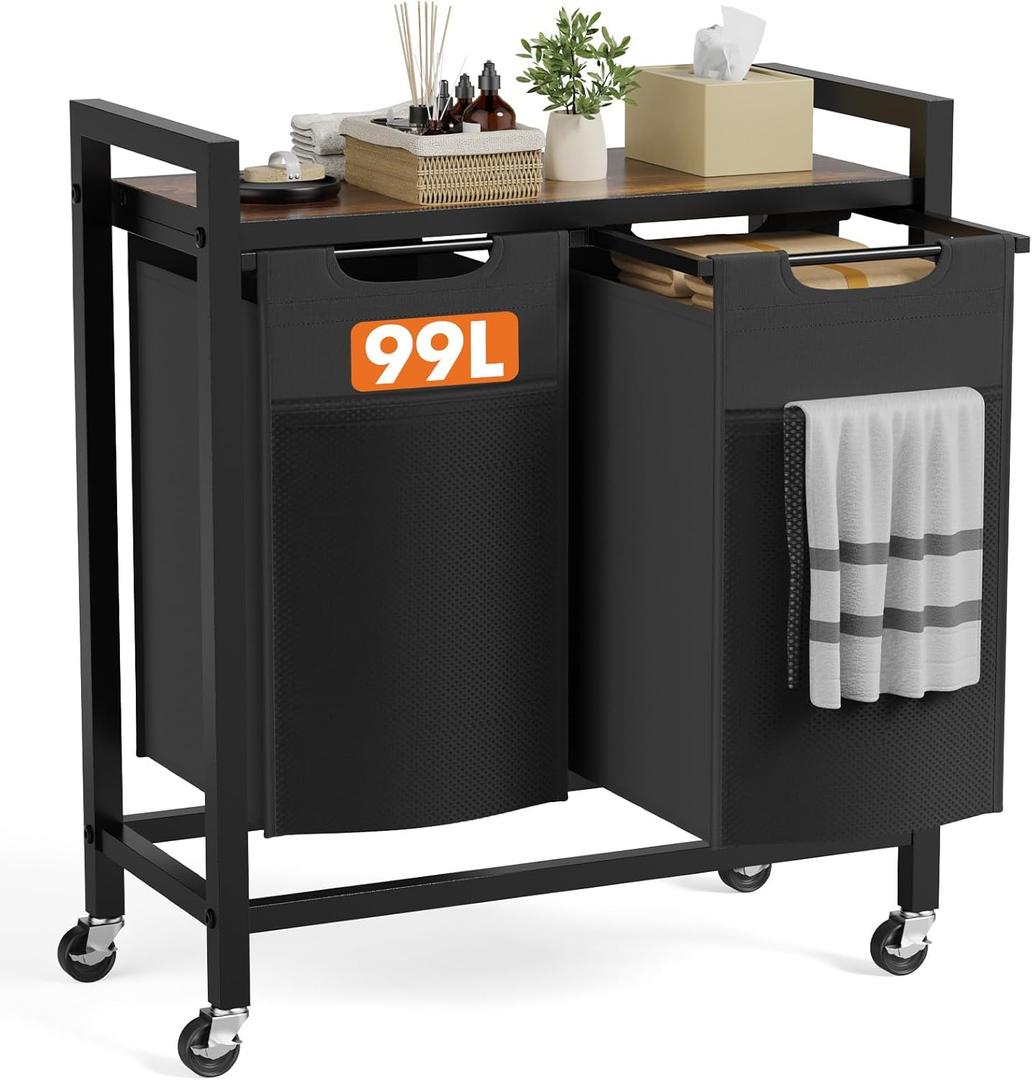 Sweetcrispy Laundry Hamper with 2 Pull-Out Removable Sorter Bags, Movable Wheels, Freestanding Clothes Basket Organizer in Bathroom, 2  13.1Gal (99L) Capacity, Rustic Brown and Black