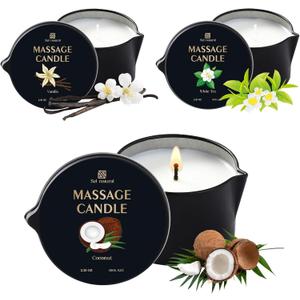 3 Pack Soy Massage Oil Candles Low Temp Massage Candles 3 Scent Vanilla, White Tea, Coconut Spa Therapy Body Oil Home Gift for Relaxation, Couples, or Self-Care (2.35 oz, Vanilla, White Tea, Coconut)