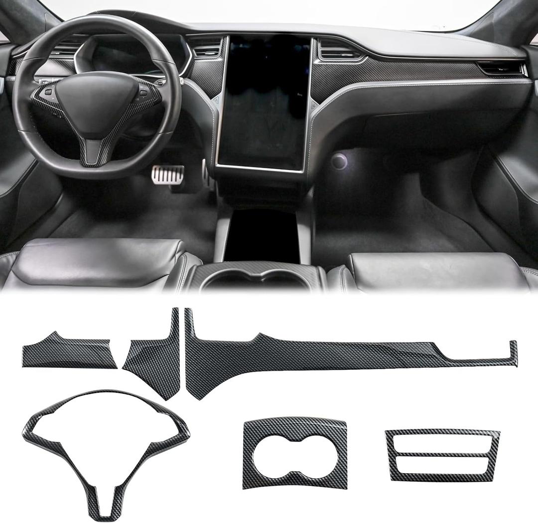 Carbon Fiber Interior Trim Cover Kit Compatible with 20122020 Tesla Model S & 20162020 Model X Steering Wheel Cover, Dashboard Cover, Cup Holder Cover, Air Vent Cover Interior Accessories