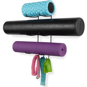 Wallniture Guru Wall Mount Yoga Mat Home Gym Equipment Resistance Bands and Foam Roller Holder with 3 Hooks 3 Sectional Metal Black