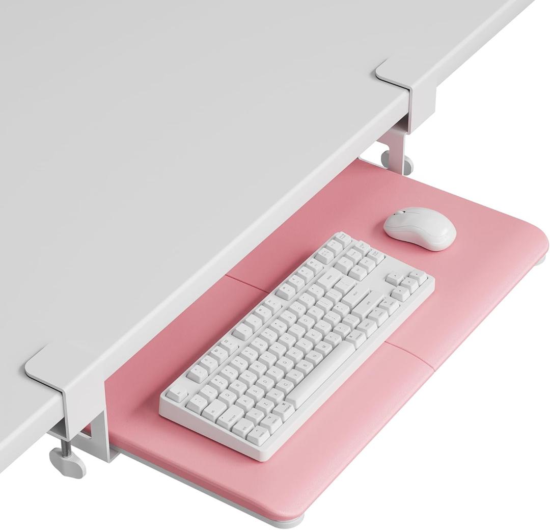 BONTEC KMT01-PJ Under Desk Keyboard Tray, Pull-Out Keyboard & Mouse Platform with C-Clamp, 20 x 11.8 in Space-Saving Ergonomic Slide-Out Drawer, Pink