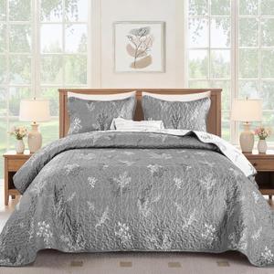 Drucon Grey Quilt Set King Size - 3 Pieces Branch Botanical Quilt Coverlet Set, Reversible Gray White Leaves Floral Bedspreads, Lightweight Microfiber Bedding Set with 2 Pillow Cases