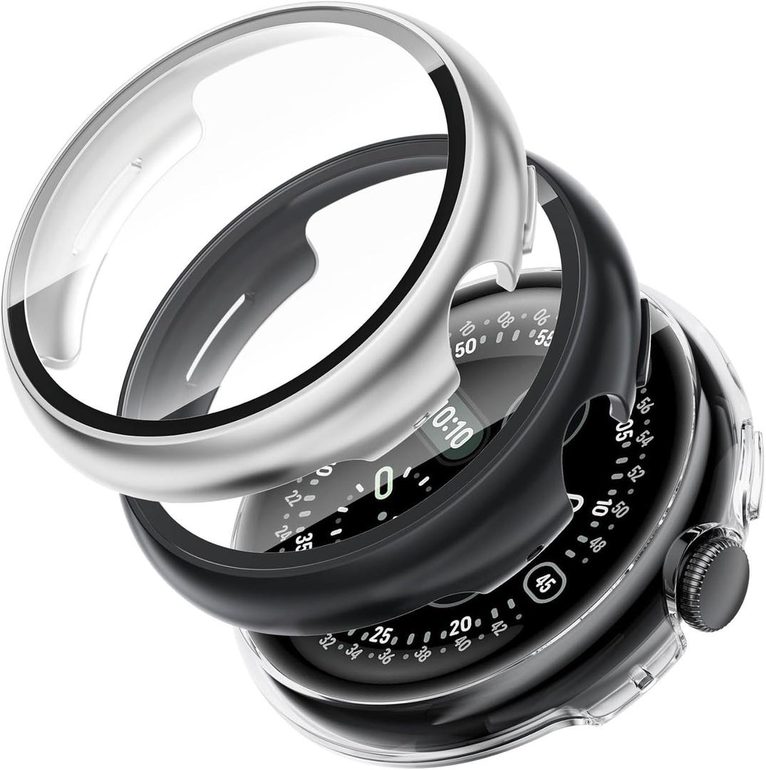 SOLOLUP 3 Pack PC Case Compatible With Google Pixel Watch 4 Screen Protector 45mm Men Women,All-Round Hard PC Protective With HD Tempered Glass Face Bumper Cover for Google Watch 4 Case (2025) 45 mm (01-Black/transparent/silver)