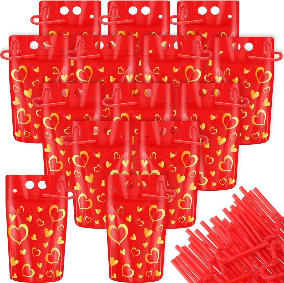 60 Sets Valentine's Day Drink Pouches with Straws 16 oz Heart Drink Pouches for Adults Alcohol Reusable Smoothie Juice Bags Reclosable Alcohol Bags for Valentines Wedding Birthday(Red)