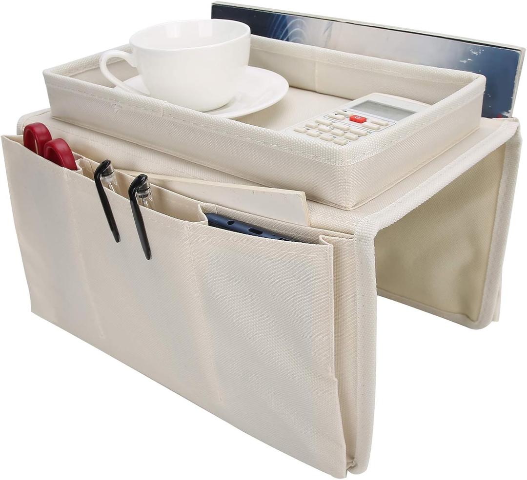 Sofa Armrest Organizer Caddy, 4 Pockets Couch Armchair Caddy TV Remote Control Holder Armchair Couch Bag with Cup Holder Tray for Snacks Glasses Smartphone Magazines(11.8x7.1x7.1in-Beige)