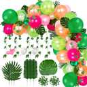 FEPITO 124Pcs Tropical Balloons Garland Kit - Pink Green Balloon Arch With Palm Leaves, Tape Strip, Dot Glue and Tying Tool for Party Decor, Birthday Supplies, 12inch, 10inch, 5inch
