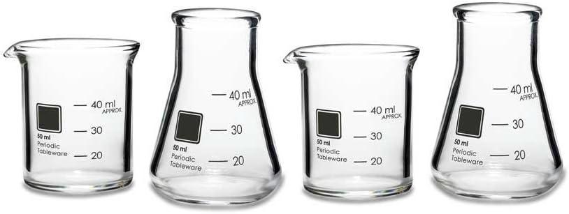 Periodic Tableware Laboratory Beaker Shot Glasses - 3.3 Borosilicate Glass with Graduated Measurements, 2 Beakers & 2 Erlenmeyer Flasks, 50ml / 1.7oz - Science Gift for Teachers
