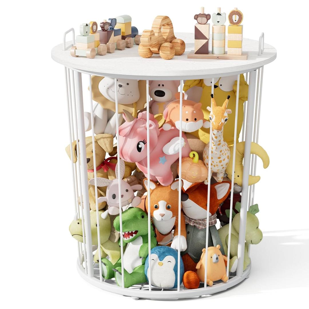 BBLIKE Large Stuffed Animal Storage End Table - Sturdy Metal Kids Toy Storage Bin, Stuffed Zoo Animal Holder for Bedroom, Living Room, Nursery, Perfect for Plush Toy Organizer, White