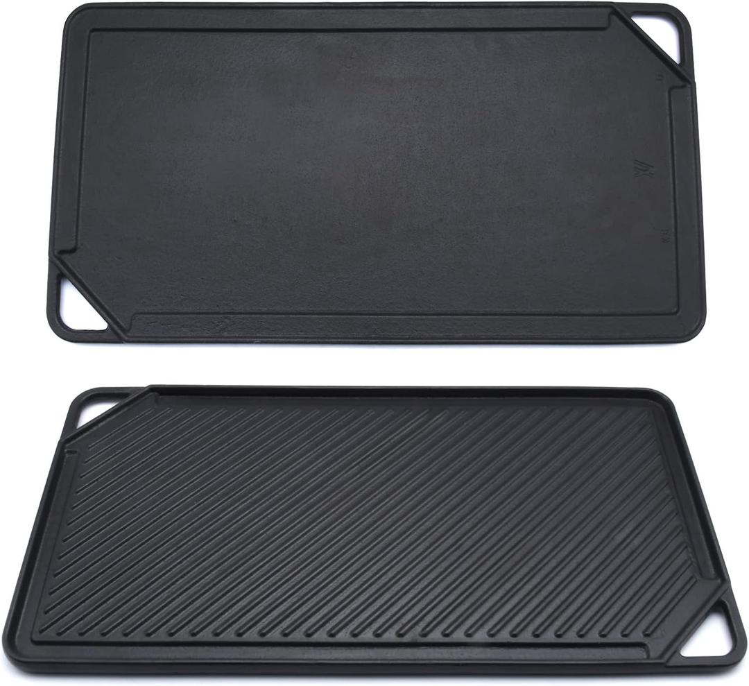 GasSaf Cast Iron Reversible Griddle, Double Sided Grill Pan Perfect for Stove Tops and Gas Grills, 20 Inch x 10 Inch
